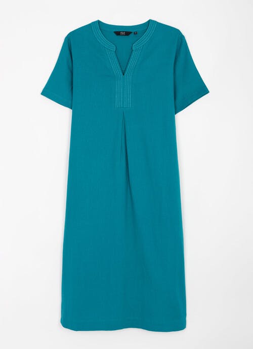 Linen Blend Stitch Detail Midi Dress