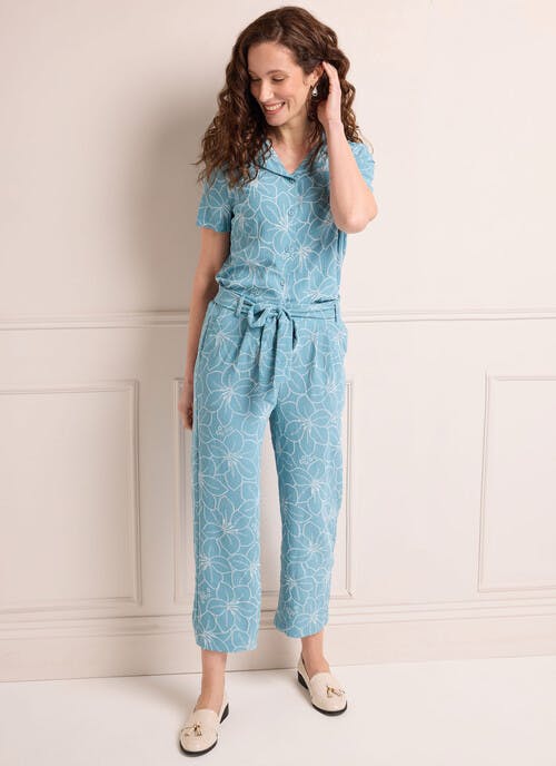 Floral Textured Tie Waist Relaxed Trousers 