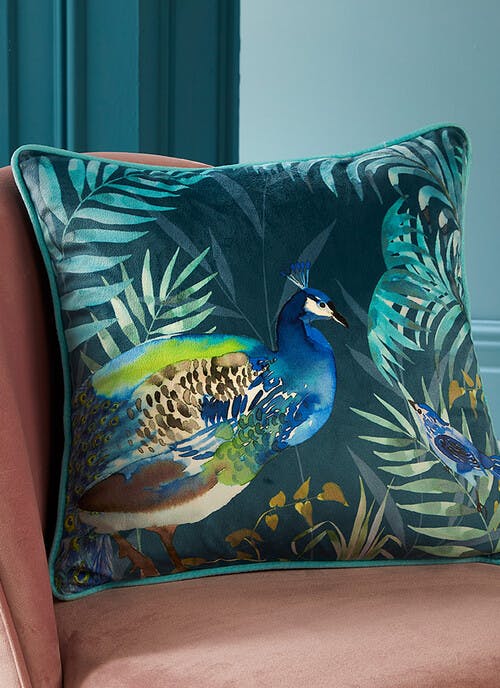 Soiree Peacock Jungle Print Velvet Teal Cushion