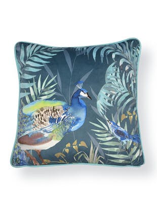 Soiree Peacock Jungle Print Velvet Teal Cushion