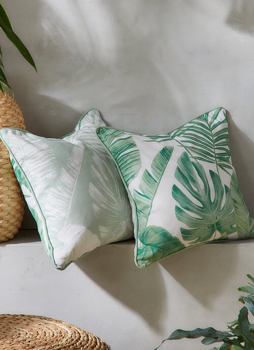 Dreams & Drapes Tahiti Leaf Print Cotton Green Outdoor Cushion