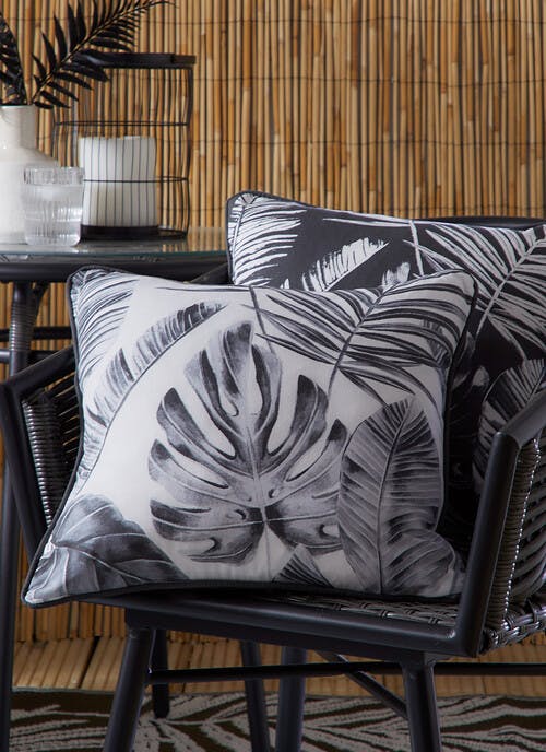 Dreams & Drapes Tahiti Leaf Print Cotton Silver Outdoor Cushion