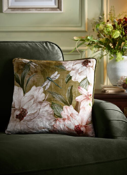 Appletree Fiorella Floral Print Velvet Olive Cushion