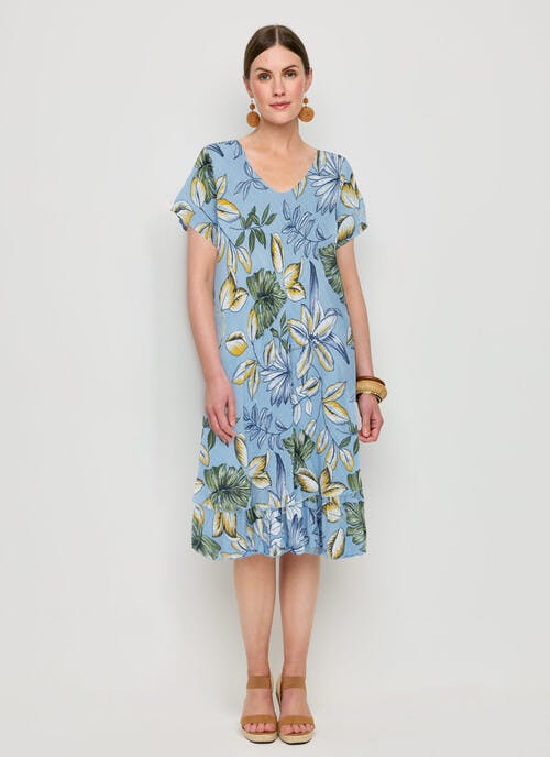 Cotton Rich Multi Leaf Print Tiered Midi Dress 