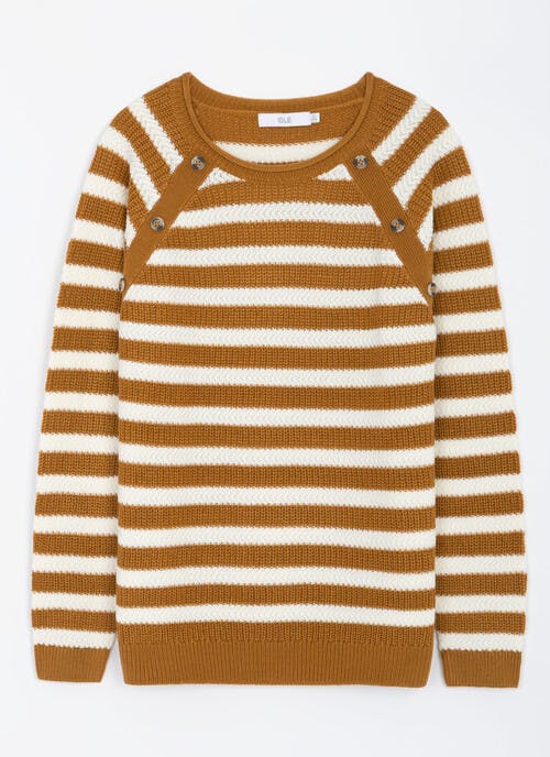 Button Detail Textured Striped Crew Neck Jumper