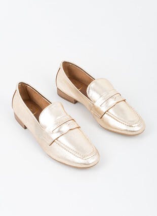 Gold Leather Slip On Loafers