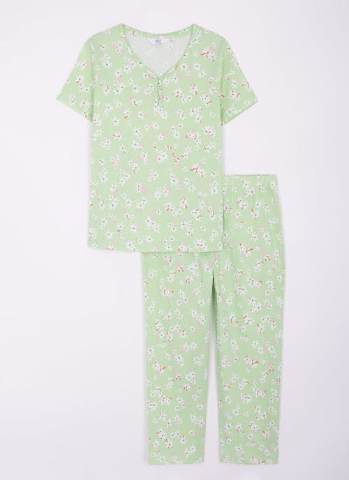 Pure Cotton Notch Neck Printed Crop Pyjama Set 