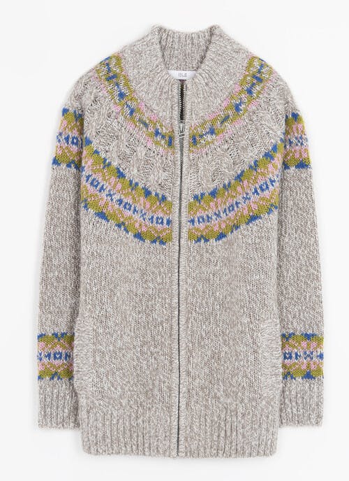 Fairisle Cable Yoke Funnel Neck Cardigan