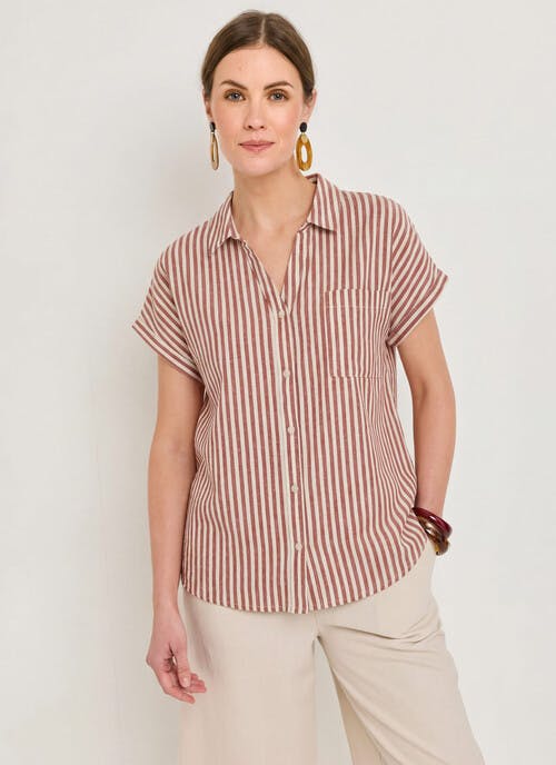Linen Blend Stripe Cap Sleeve Shirt