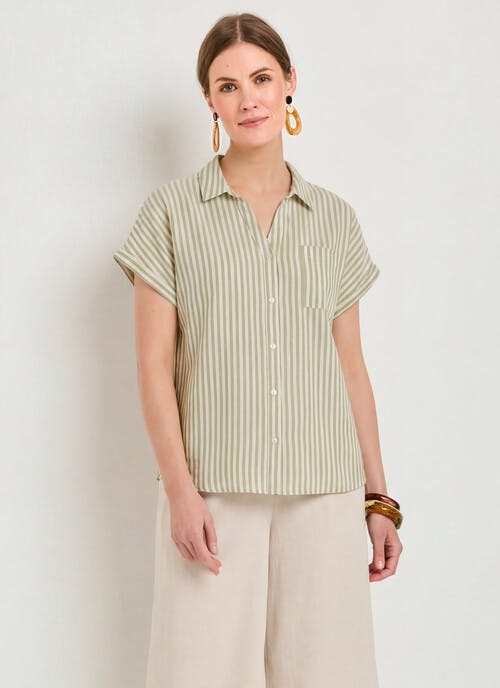 Linen Blend Stripe Cap Sleeve Shirt