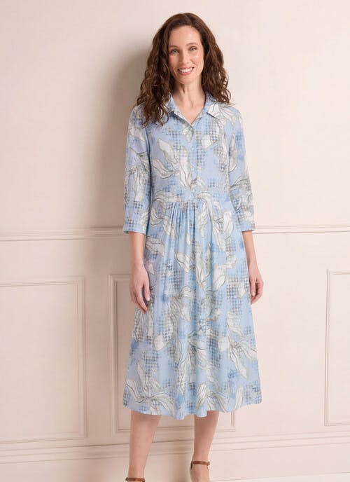 Soft Touch Leaf Print Button Up Midi Tea Dress