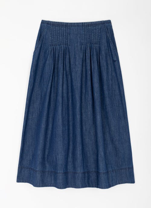 Pure Cotton Denim Pintuck Midi Skirt