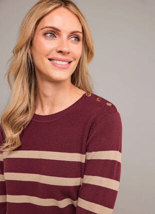 Button Detail Striped Crew Neck Jumper