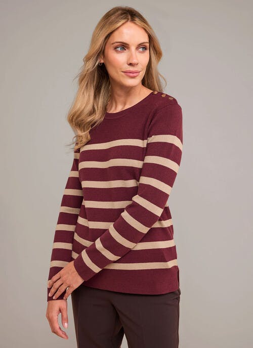 Button Detail Striped Crew Neck Jumper