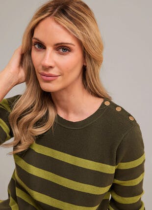 Button Detail Striped Crew Neck Jumper