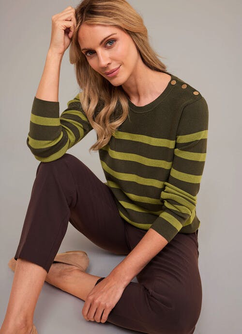 Button Detail Striped Crew Neck Jumper