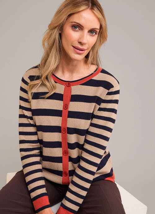 Striped Contrast Colour Crew Neck Cardigan