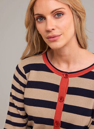 Striped Contrast Colour Crew Neck Cardigan