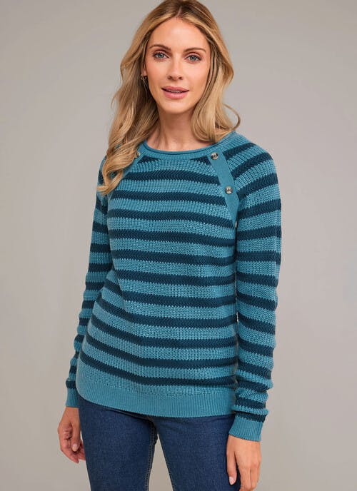 Button Detail Textured Striped Crew Neck Jumper
