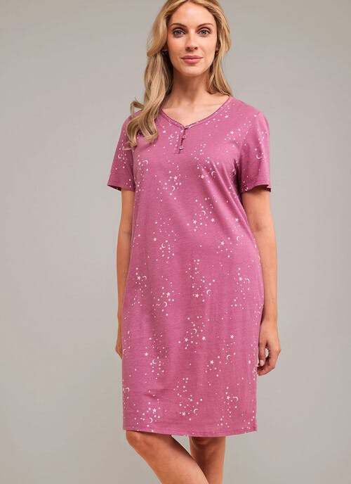 Pure Cotton Button Notch Neck Printed Nightdress