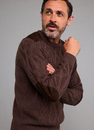 Cable Knit Crew Neck Jumper With Faux Suede Detail 