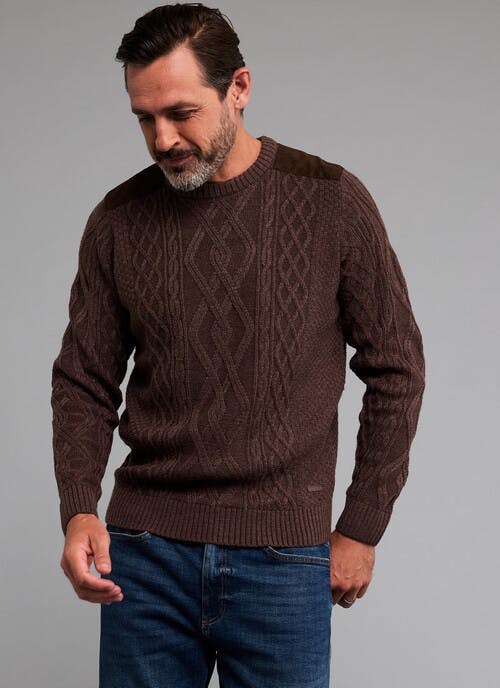 Cable Knit Crew Neck Jumper With Faux Suede Detail 