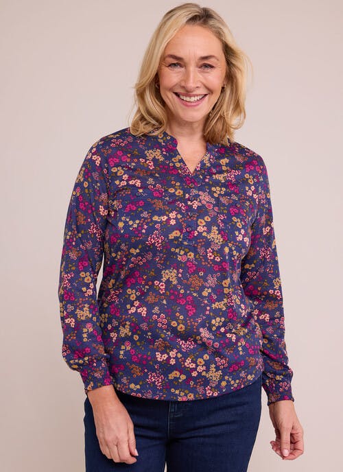 Notch Neck Ditsy Print Jersey Blouse