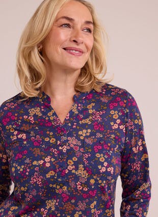 Notch Neck Ditsy Print Jersey Blouse