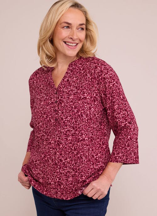 Notch Neck Floral Print Popover Blouse
