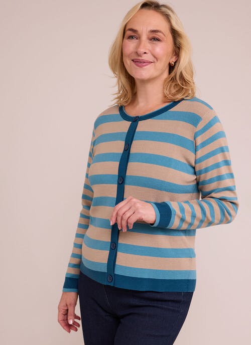 Striped Contrast Colour Crew Neck Cardigan
