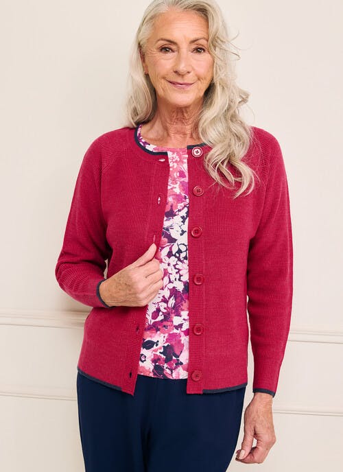 Contrast Trim Crew Neck Cardigan