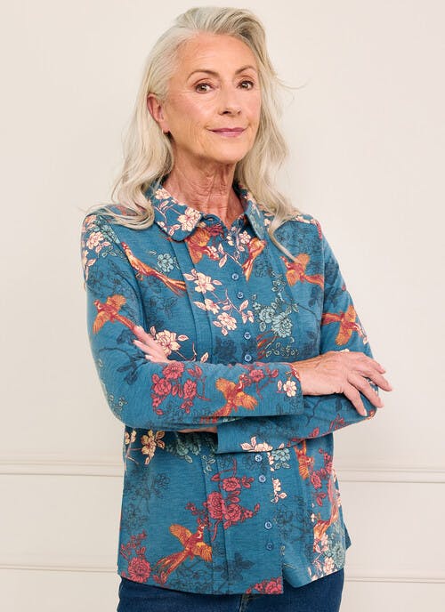 Picot Trim Jersey Print Blouse