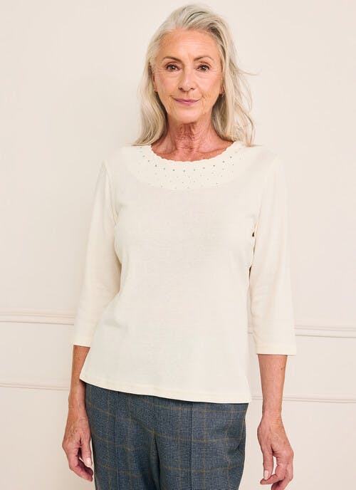 Cotton Rich Lattice Trim Embellished Top