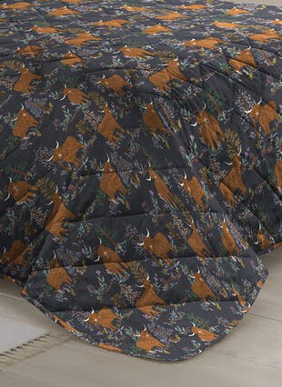 Hanley Highland Cow Print Easy Care Navy Quilted Bedspread