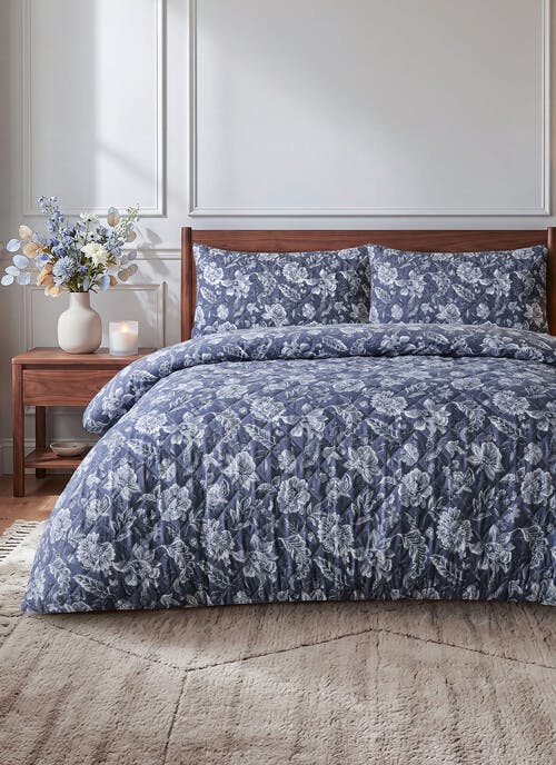 Jacobean Print Quilted Soft Touch Blue Duvet Set