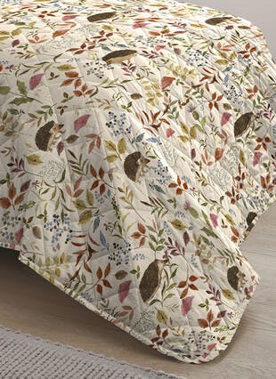 Bracken Hedgehog Print Easy Care Natural Quilted Bedspread