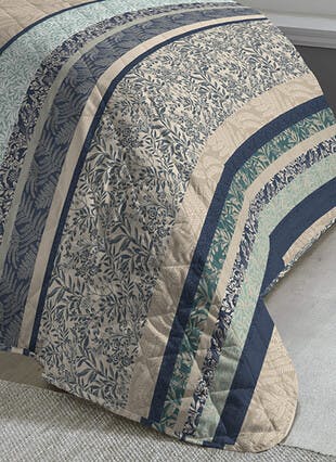 Keira Floral Stripe Print Easy Care Teal Quilted Bedspread