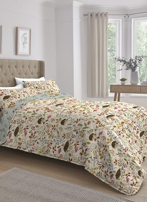 Bracken Hedgehog Print Easy Care Natural Quilted Bedspread