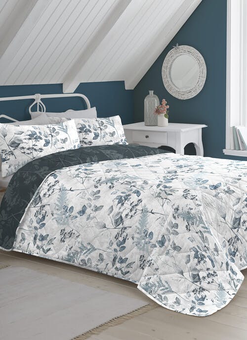 Fearne Leafy Floral Print Easy Care Blue Quilted Bedspread