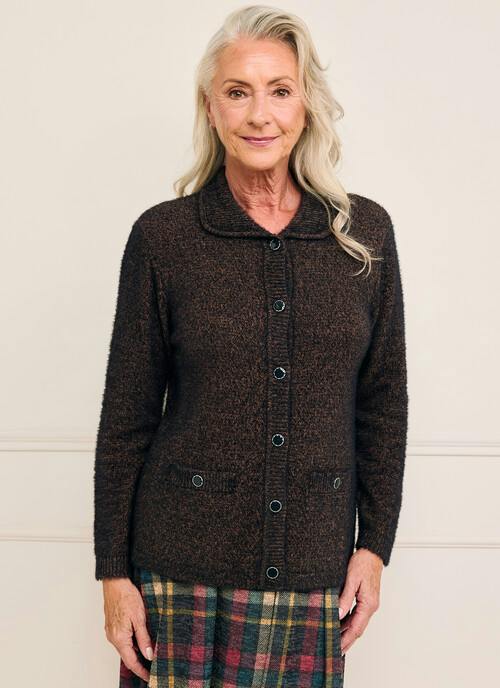 Rib Trim Teddy Knit Collared Cardigan