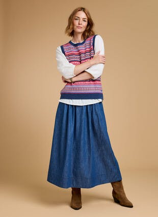 Pure Cotton Denim Pintuck Midi Skirt