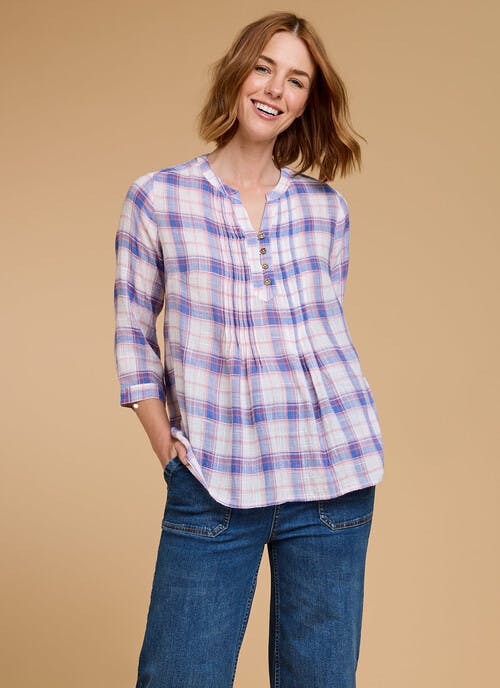 Cotton Blend Checked Round Neck Blouse 