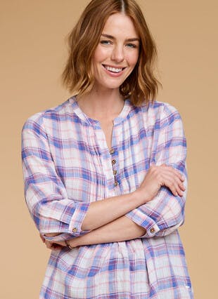 Cotton Blend Checked Round Neck Blouse 