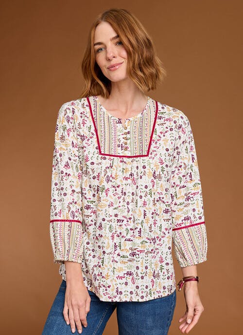 Pure Cotton Mixed Print Pintuck Blouse