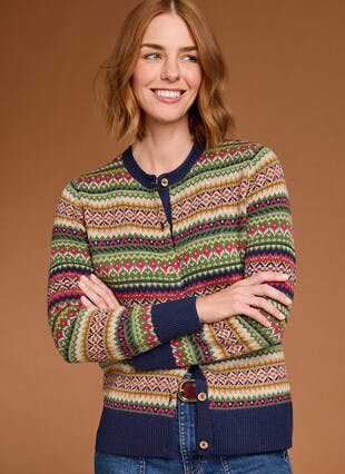 Wool Blend Crew Neck Fairisle Cardigan