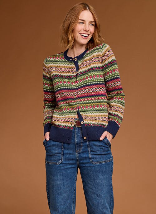 Wool Blend Crew Neck Fairisle Cardigan