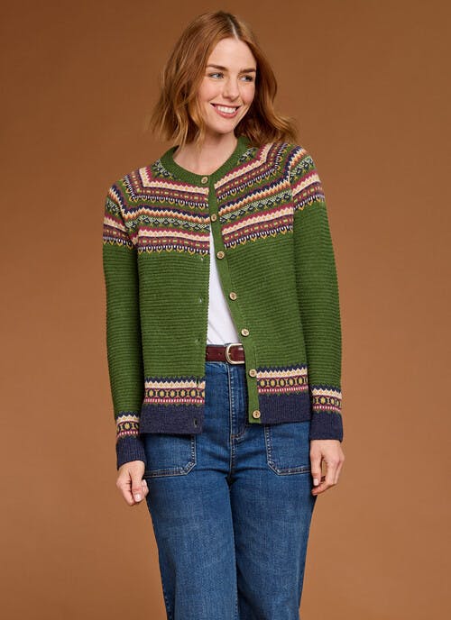 Wool Blend Fairisle Crew Neck Cardigan
