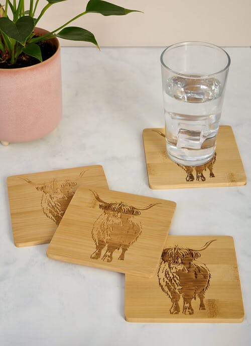 Highland Cow Etched Bamboo Set of 4 Coasters