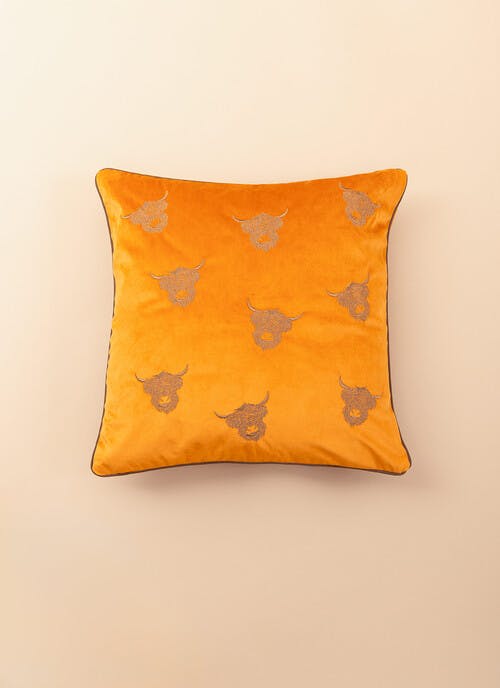Highland Cow Embroidered Velvet Rust Cushion