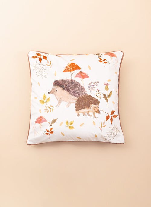 Bracken Hedgehog Print Natural Velvet Cushion